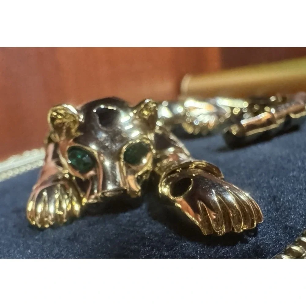 Vintage Articulated Panther Leopard Brooch Gold Tone Green Eyes Statement Jewelr